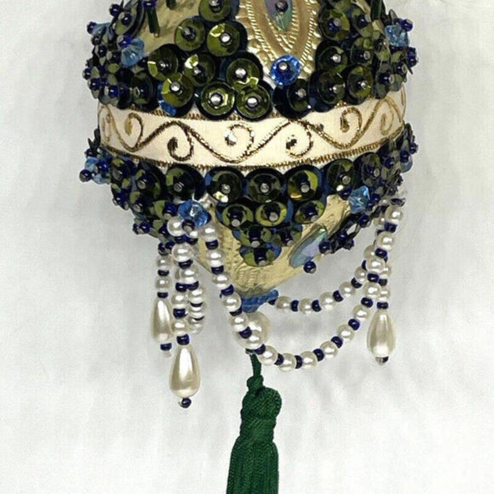 Iridescent‎ Green Gold Beaded Push Pin Chandelier Christmas Ornament MCM Vintage